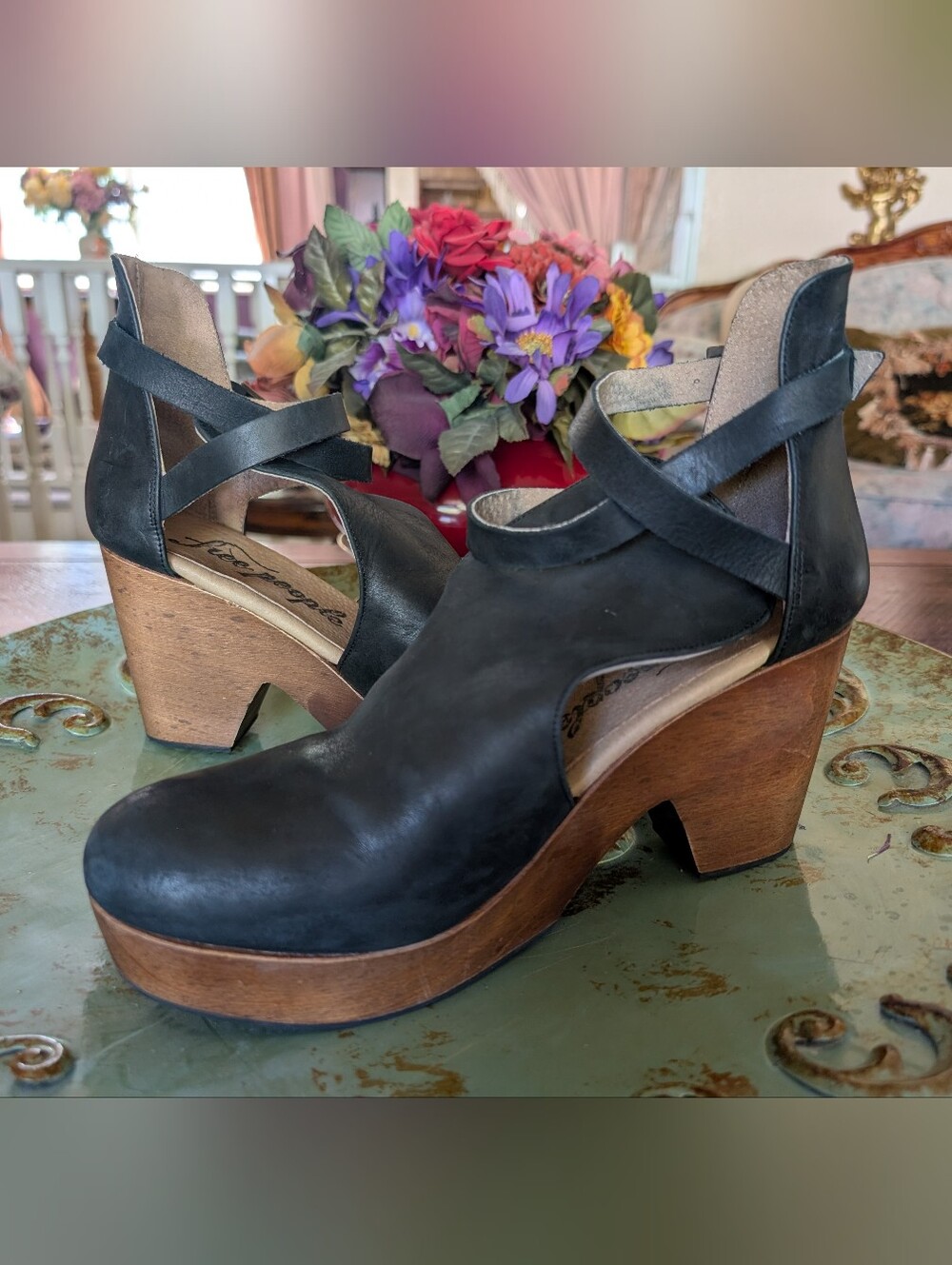 Free People Black Leather Platform Clogs with Wood-Effect Heel Size 39.5